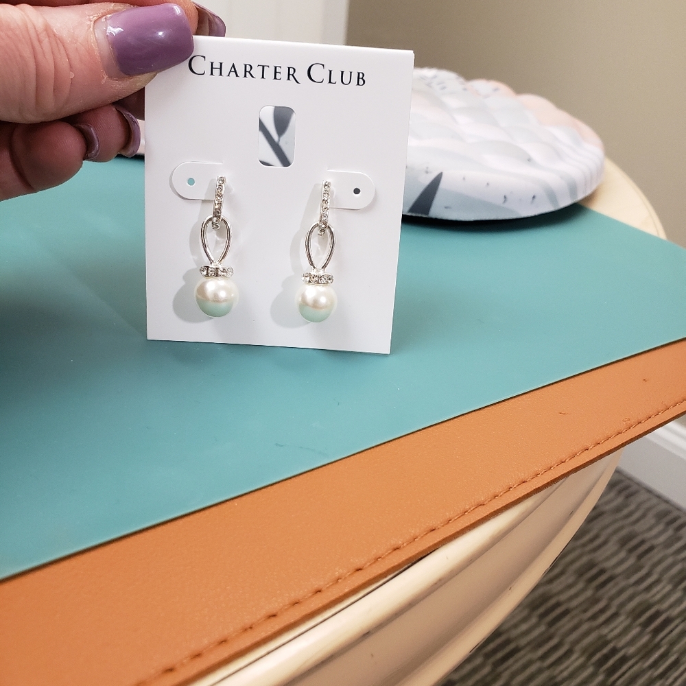 Charter Club, NWT, Silver tone pearl drop dangle jeweled pierced earrings - Picture 10 of 10